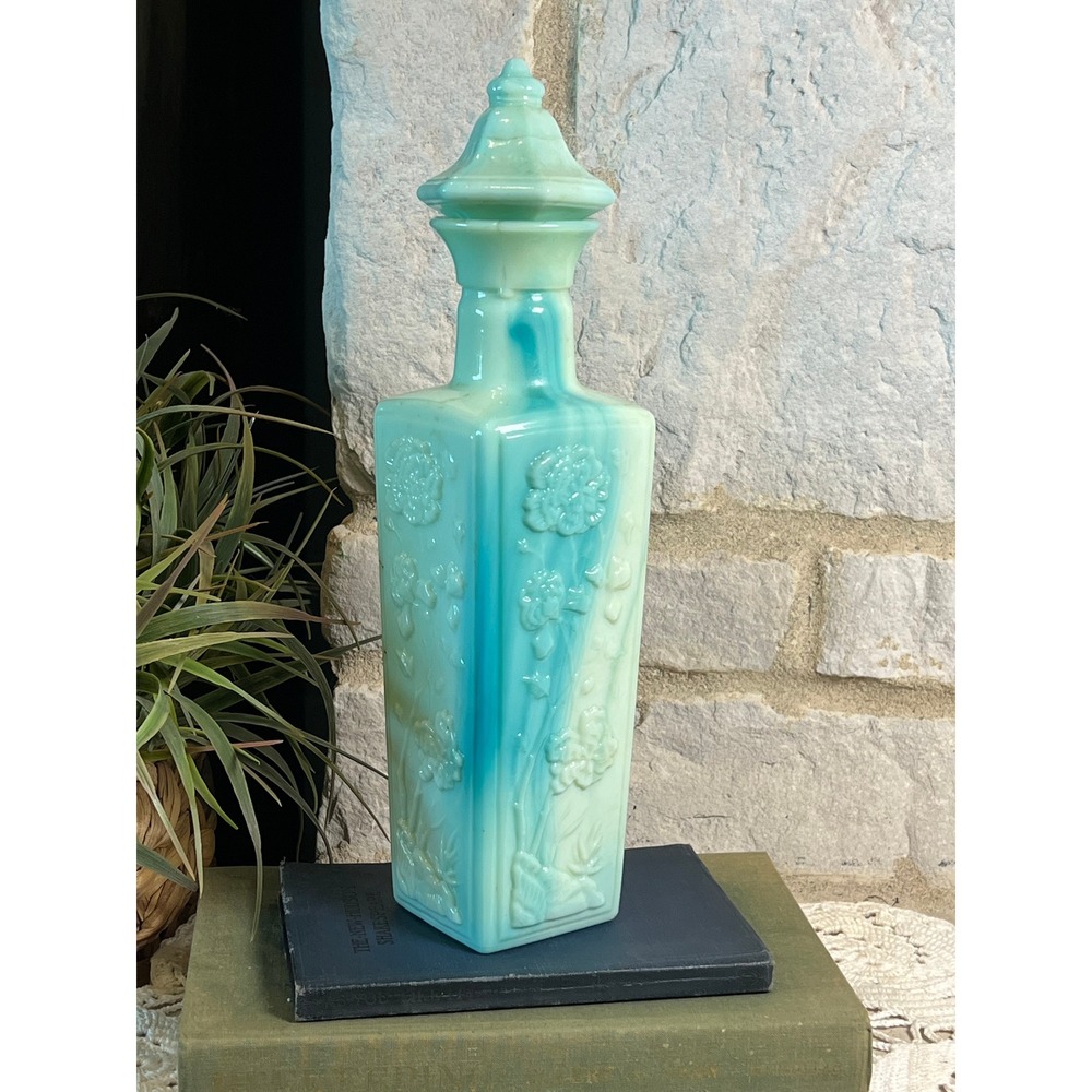 Vintage 1972 Jim Beam "Royal Jade" Marbled Slag Glass Decanter w/ Stopper.